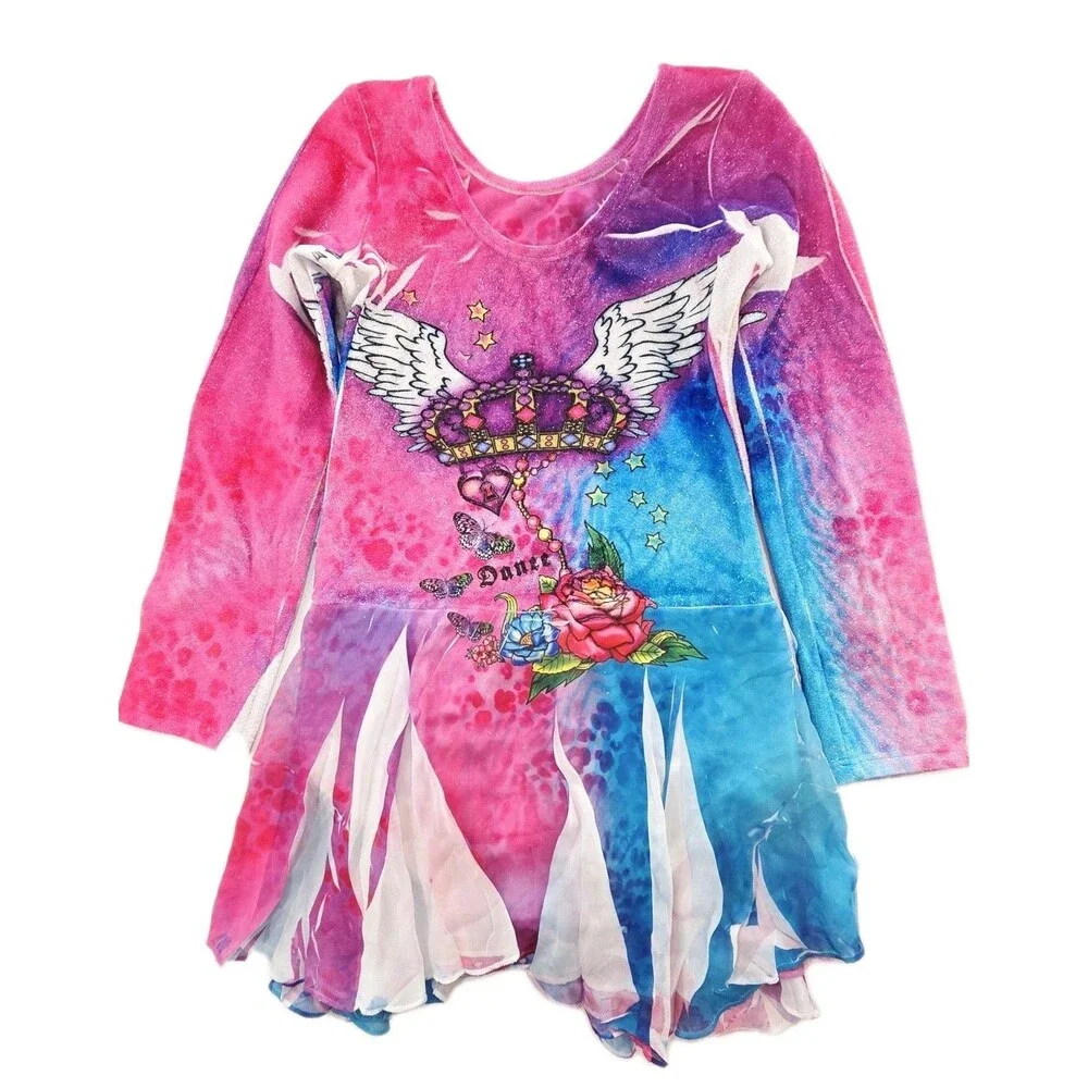 Duck Crossing Y2K Velvet Leotard Dance Skate Dress Angel Wings Shimmer Size CL